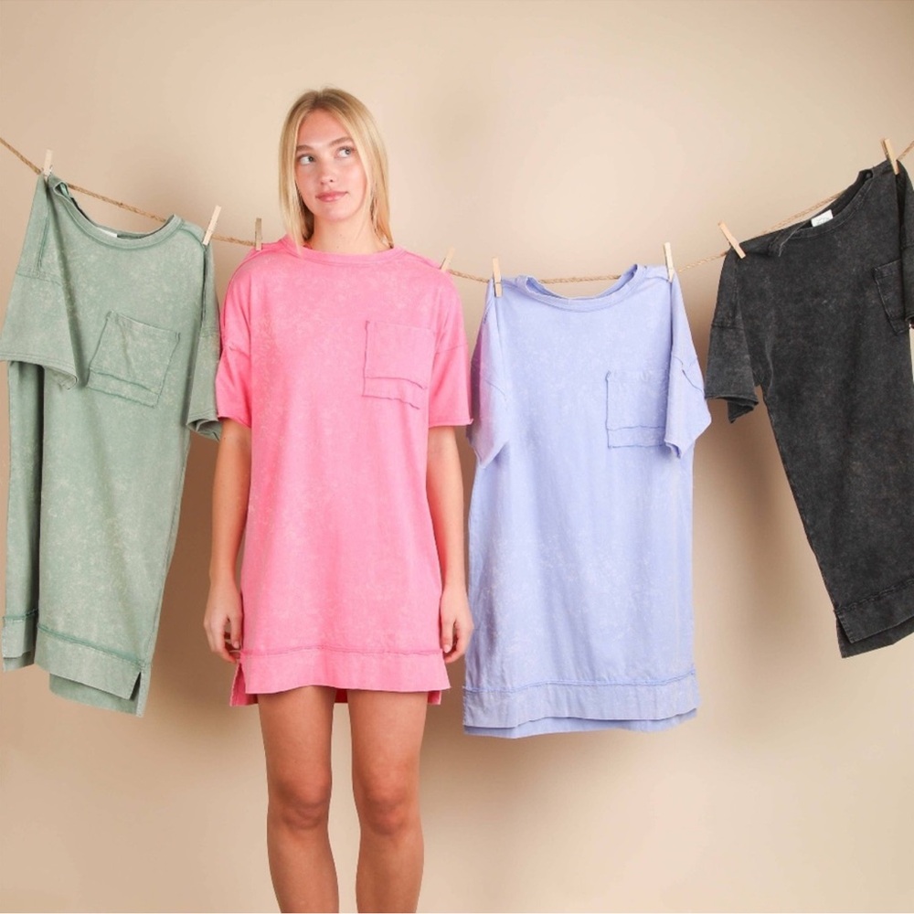 Very J Cotton T-shirt Dress in Mineral Wash Hot Pink